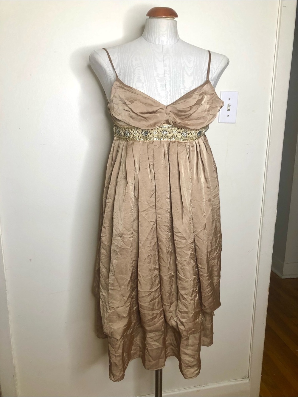 Beaded Empire-Waist Spaghetti Strap Dress in Champagne